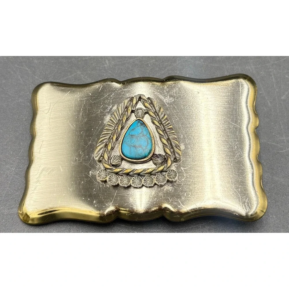 Vtg Native American Theme Belt Buckle Faux Turquoise Scalloped Edge Southwestern